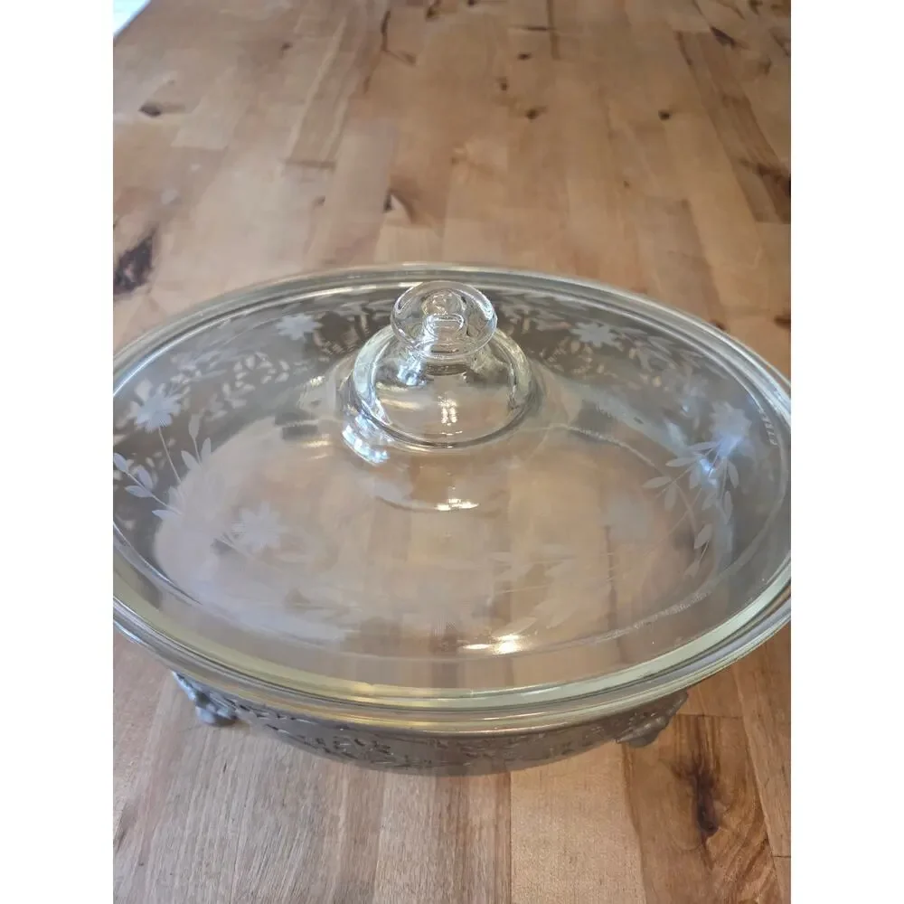 Vintage Pyrex Glass Casserole Dish with Clear Lid & Ornate Silver Plated Carrier
